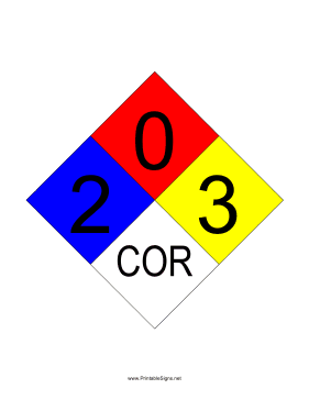 NFPA 704 2-0-3-COR Sign